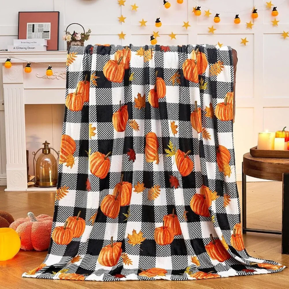 Pumpkin Leaf Fall Plaid Throw Blanket -Cozy 50